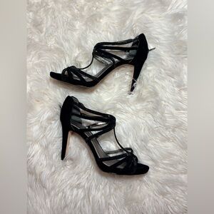 Antonio Melani Leather Black Strappy Bling Heels size 9 party cocktail gala